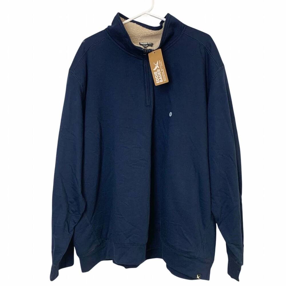 NEW EDDIE BAUER men's quarter zip camp fleece faux shearling jacket in navy
